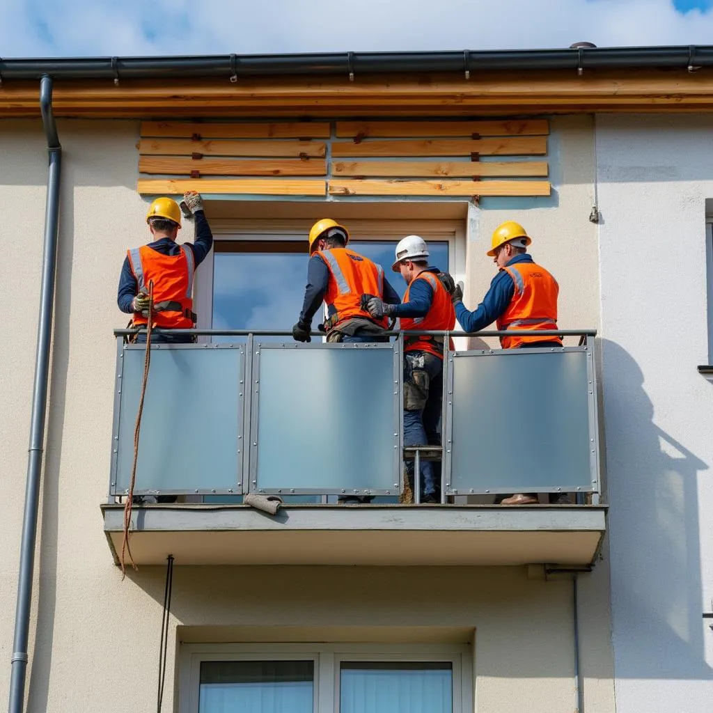 Tím špecialistov pri práci na zateplení balkóna